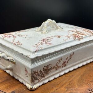 Antique 1860s Victorian Floral & Gilt Covered Tureen Staffordshire Ironstone